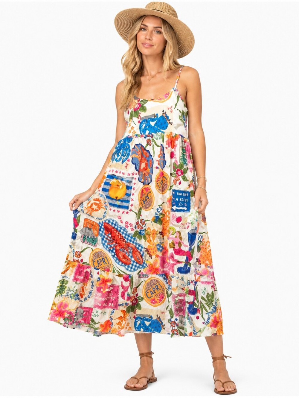 Paper Hearts ($110) Amalfi Coast Print Midi Dress Colorful Summer Sundress